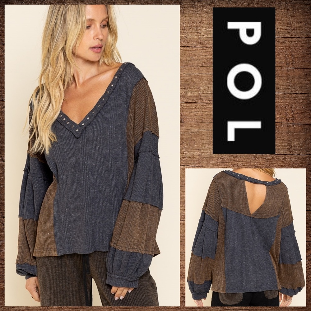 POL HIGH DEMAND ITEM Studded Neck Open Back, Balloon Sleeves Distressed Details